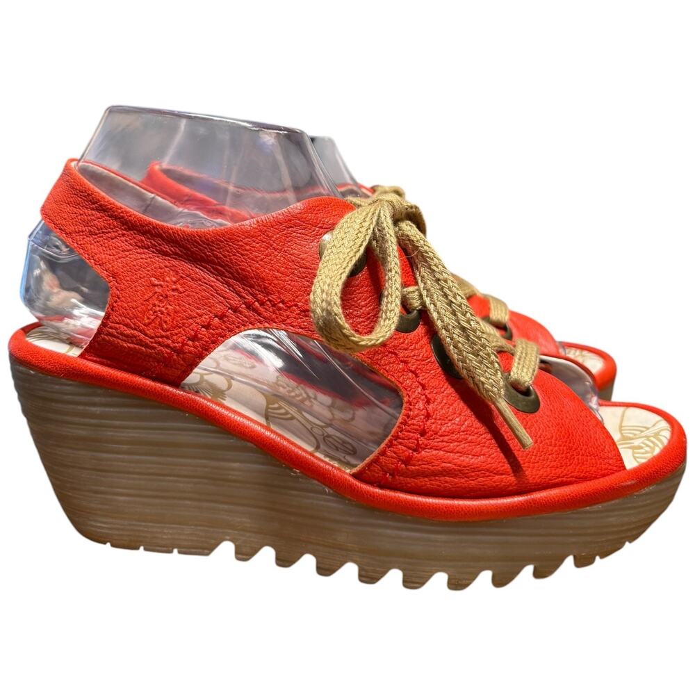 FLY LONDON Yifa Women's 37/US 6.5 Orange Leather Wedge Sandals Lace Up Comfort - Picture 4 of 15